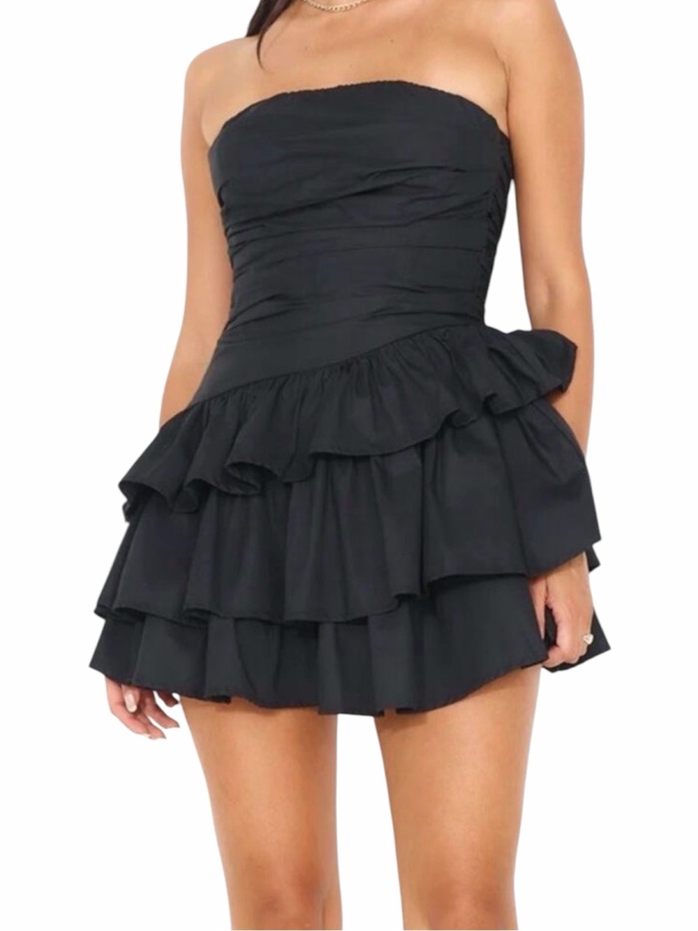 Hello Molly Black Strapless Ruffle Mini Dress